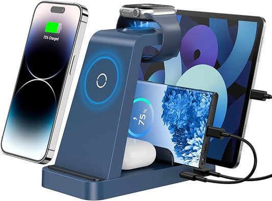 Wireless Charger for iPhone - 5 in 1 Charging Station for Multiple Devices Apple: Fast Wireless Charging Stand Dock for iPhone 17 16e 16 15 14 13 12 Pro Max Apple Watch Airpods(Blue)