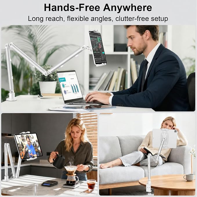 Portable Monitor Stand 15.6", Heavy Duty Tablet Arm Mount with Desk Clamp, Sag-Free Adjustable iPad Holder for Bed, 360° Foldable Arm Fits 4.7"-18.5" iPad Pro/Air/Mini, 2.2lbs Capacity, White