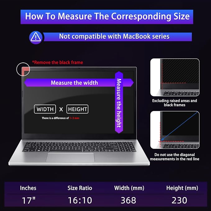 17" Privacy Screen Computer for 16:10 Aspect Ratio, 2-Sided Removable Anti-Peeping/Anti-Glare, Blue Light Block, UV Protect, Reduce Strain, Anti-Scratch, Fits 17-inch 16:10 Protector Film