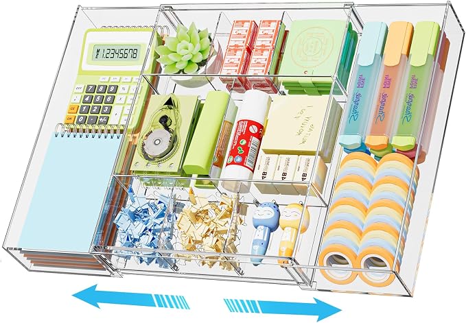 Marbrasse Expandable Desk Drawer Organizer, Clear Plastic Drawer Organizer Tray with 10 Adjustable Compartments, Desk Organizers and Accessories, 5 Drawer Dividers for Office Supplies, Makeup(Clear)