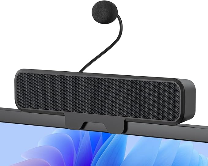 Computer Speakers with Microphone for Desktop PC, USB Monitor Speakers with Clip, Wired Laptop Sound Bar, Stereo & Bass, PC Speaker w/Mic for Meeting/Gaming/Online Learning, Easily Clamps to Monitor