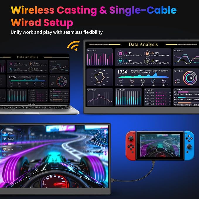 Wireless Portable Monitor, 15.6" 1080p FHD 60Hz Wireless Monitor for Laptop with Auto Rotation, Second Travel Portable Screen for PS4/5/Switch/MAC/Phone