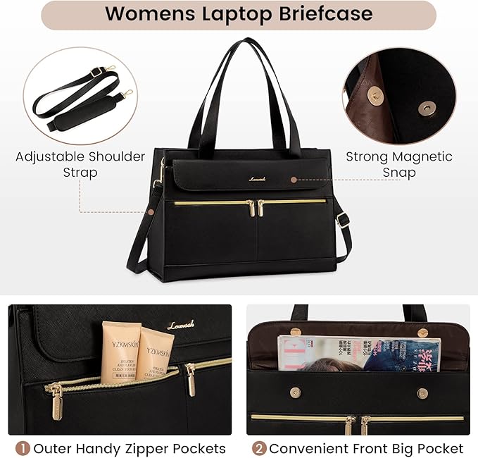 LOVEVOOK Laptop Tote for Women - 15.6 Inch Professional PU Leather Computer Briefcase, Waterproof Handbag, Large Capacity Business Teacher Office Bag, Crossbody Purse - Black