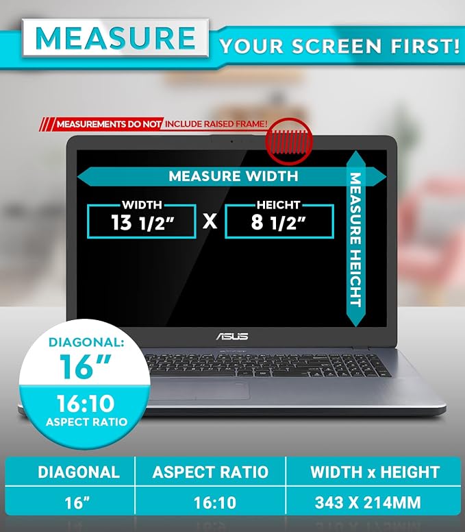 PYS Laptop Privacy Screen 16 Inch - Removable Laptop Screen Privacy Shield for 16:10 Widescreen Display - Anti Glare & Blue Light Screen Filters for Eye Protection - Black