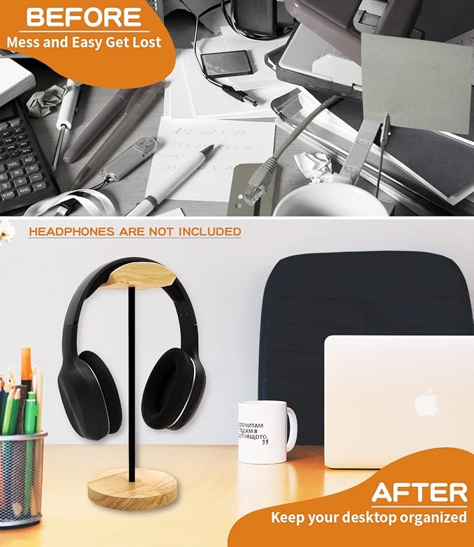 Headphone Stand Nature Wood & Metal Headset Hanger Mount Hook Gaming Holder Desktop Earphone Artful Functional Craftmanship Stand for All Headsets with Solid Wooden Base