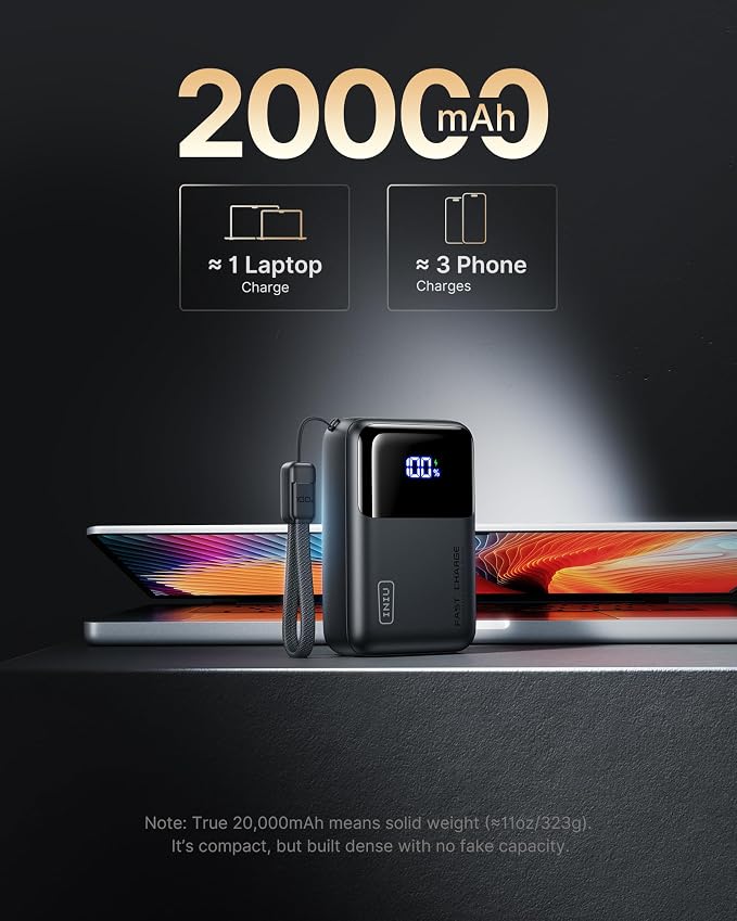 INIU 20000mAh Laptop Power Bank, Ultra Compact 65W PD Dual Fast Charging Portable Charger, Flight-Safe Battery Pack with USB C Cable for Travel MacBook iPad Tablet Switch iPhone 17 16 Pro Samsung S25
