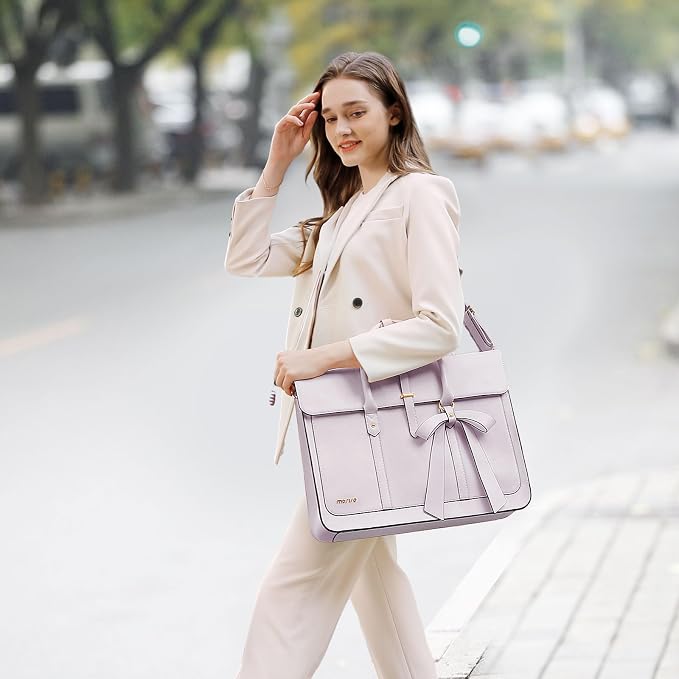 MOSISO Laptop Bag for Women, 15-15.6 inch PU Leather Laptop Shoulder Bags Convertible Backpack, 16 inch Messenger Bags Casual Handbag Work Briefcase Travel Computer Bag with Bowknot, Dusty Lilac
