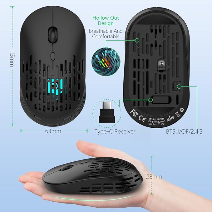RAPIQUE Bluetooth Wireless Mouse - (BT+USB-C Receiver) Dual Mode, Rechargeable, Lightweight, Silent Computer Mice with Type C Receiver, USB C Mouse for MacBook, Laptop, Tablet, Chromebook (Black)