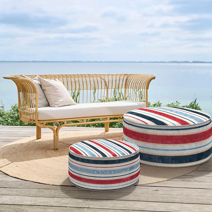 DYTXIII Inflatable Ottoman Stool D31 xH14 for Outdoor/Indoor Use, Water Repellent Patio Foot Rest Stool with Portable Handle,Round Pouf Ottoman Suitable for Garden,Deck and Camping - Stripe Red Blue