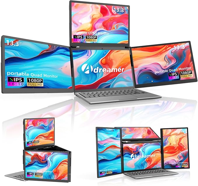 ADREAMER 13.3" Triple Screen Laptop Monitor Extender, Detachable 3 Screen Monitor for Laptop 13"-16", 1920x1200 IPS 16:10, 1 Cable for 3 Displays, Compatible with Wins/Mac.