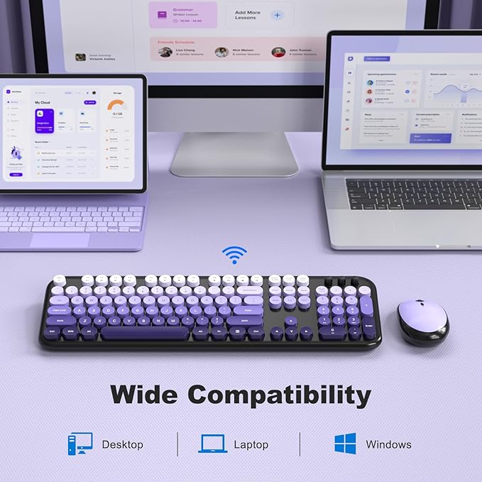 MOFII Wireless Keyboard and Mouse Combo, 2.4GHz Retro Typewriter Keyboard Full Size, Quiet Click Mouse, USB Receiver Plug and Play, for PC, Laptop, Desktop, Windows (Black Purple Gradient)