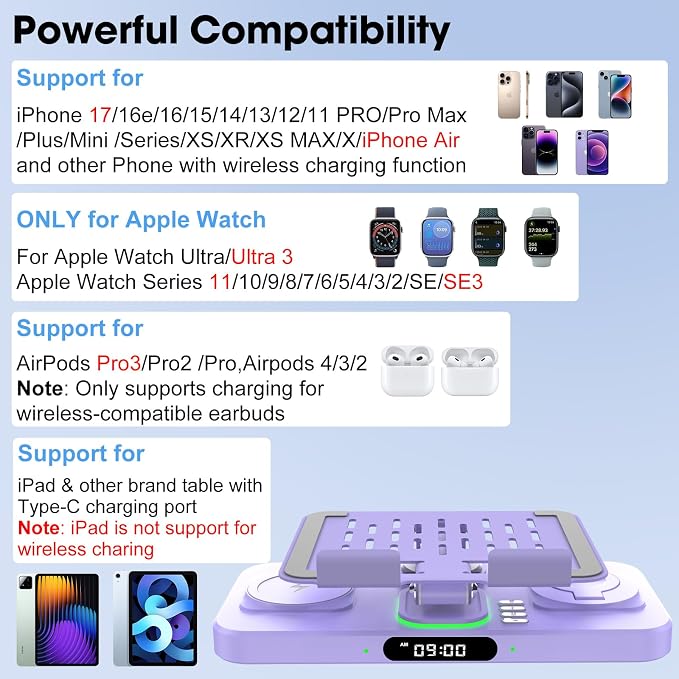 6 in 1 Wireless Charger for Apple Multiple Devices, Charging Station with Clock &7 Color Ambient Light, Foldable Rotate Stand for iPad, for iPhone17/16/15, Support for Apple Watch11/10 for AirPods4