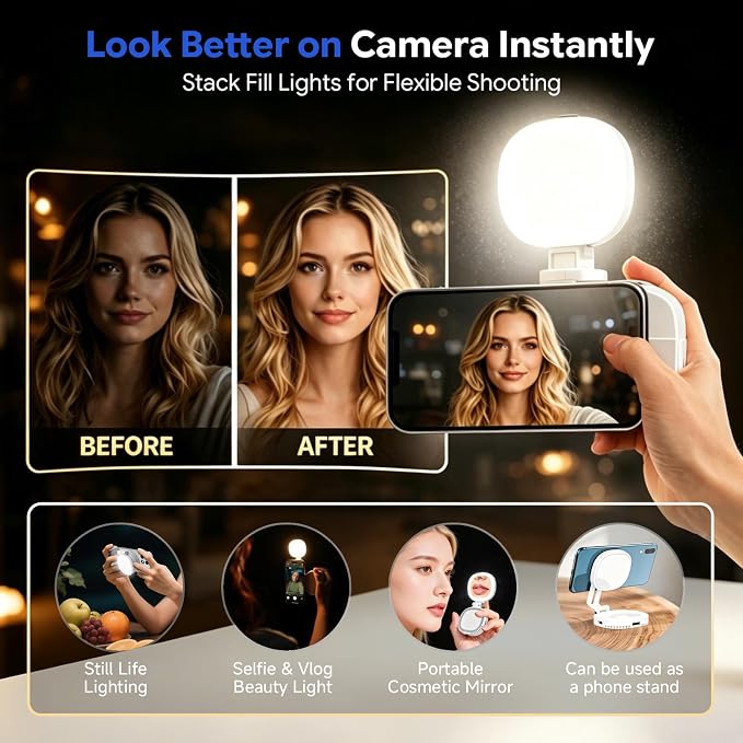 Magnetic Phone Camera Grip with Selfie Light for Content Creators, Wireless Shutter, Stable Video&Better Lighting, Portable Grip for TikTok, Vlog, Selfies, Travel & Video Calls, iPhone&Android (White)