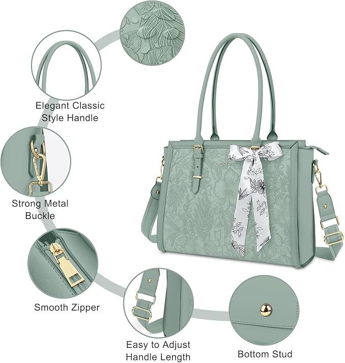 MOSISO Laptop Bag for Women, 15.6-16 inch PU Leather Tote Bag Compatible with MacBook, HP, Dell, Asus Notebook, Front Embossed Retro Hibiscus Computer Bags with Silk Scarf&Clutch Purse, Antique Green