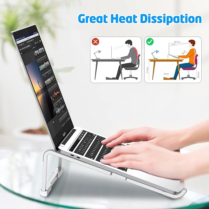 Laptop Stand for Desk - Foldable, Lightweight Aluminum Laptop Riser Holder, Portable Stand for 10-15.6” Laptops, Prevents Overheating with Non-Slip Rubbers, Travel-Friendly, Ergonomic Design