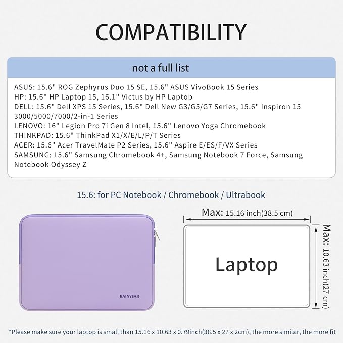 RAINYEAR 15.6 Inch Laptop Sleeve Case Compatible with 15.6 Inch Computer Chromebook PC Notebook Ultrabook, Protective Soft Padded Lightweight Laptop Carrying Bag Cover, Purple