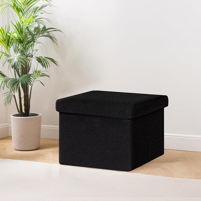 PINPLUS Storage Ottoman Cube Ottoman Foot Rest,Small Foldable Portable Boucle Upholstered Sherpa Ottomans, Faux Teddy Fur, Black 16.5"x12.6"x12.6"