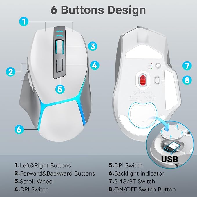 JOYACCESS Wireless Gaming Mouse, Supports Bluetooth/2.4g/Wired Connections 12500 DPI, 1000hz, Rechargeable, 20m Clicks, 6 Buttons, RGB Backlit Ergonomic Mouse for Windows/Mac Gamers (Silver-Gray)