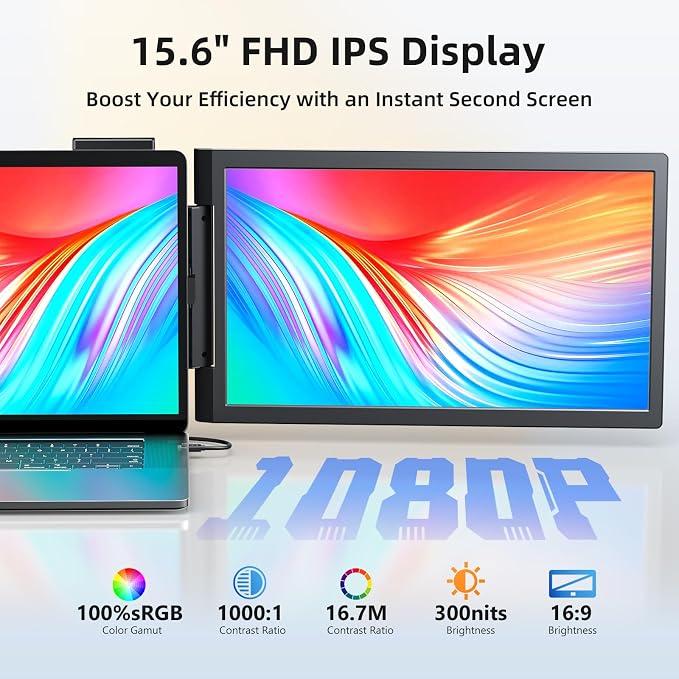 Laptop Screen Extender, 15.6" Laptop Monitor Extender, 1080P FHD IPS Portable Monitor for Laptop, Mini HDMI/Type-C Screen Extender Fits 14"-15.6" Laptops,Plug & Play for Windows/Mac/Android/Switch/PS5