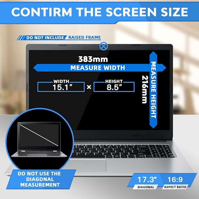 ZOEGAA 17.3 Inch Laptop Privacy Screen Filter for 16:9 Widescreen Display 15.1"x8.5" - Laptop Screen Privacy Shield and Anti Blue Light Anti Glare Screen Protector