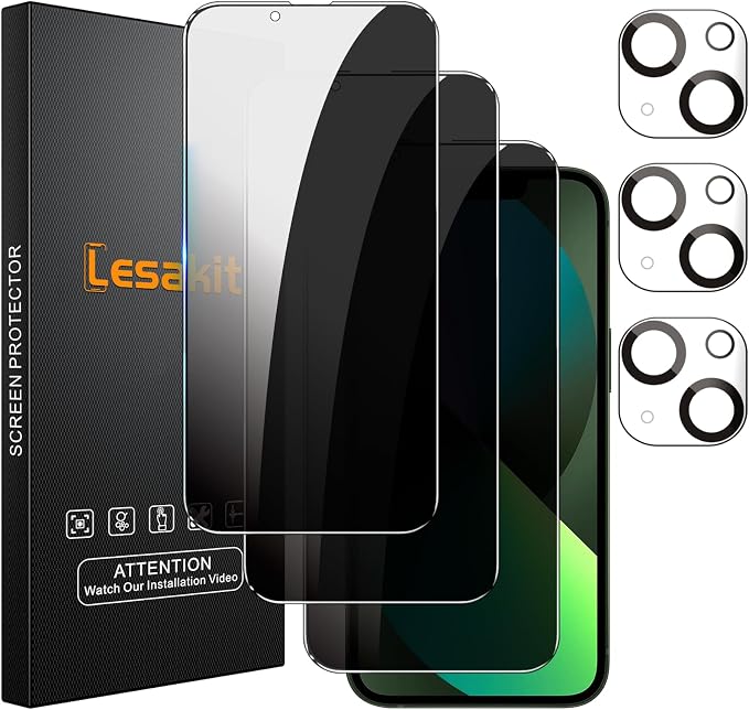 Lesakit 3+3 Pack Privacy Screen Protector for iPhone 13 6.1-Inch with 3 Pack Camera Lens Protector, Anti Spy Tempered Glass Film 9H Hardness Bubble Free Case Friendly