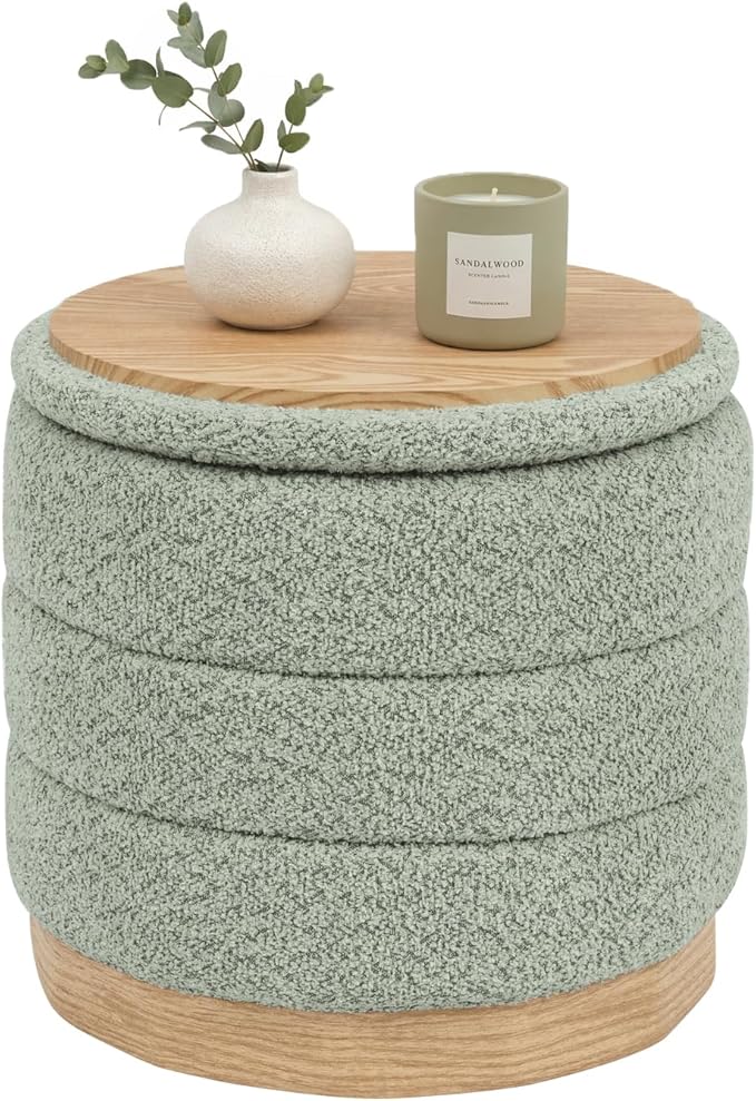 B FSOBEIIALEO Round Storage Ottoman with Tray, Folding Ottoman with Storage Coffee Table Foot Rest for Dorm Room Living Room Chenille Fabric,Sage Green,15.35"x15.35"x14.57"