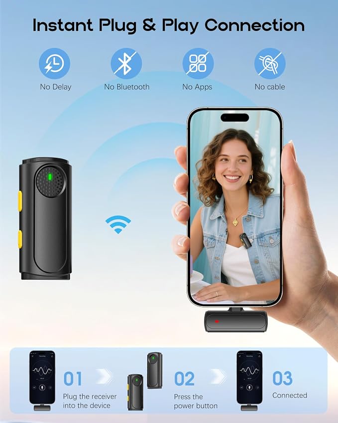 Wireless Mini Microphone for iPhone - 2 Pack Lavalier Microphone for Video Recording, 2 in 1 Noise Reduction Lapel Mic for Android, Clip on Mini Mic for Content Creators (with Charging Case)