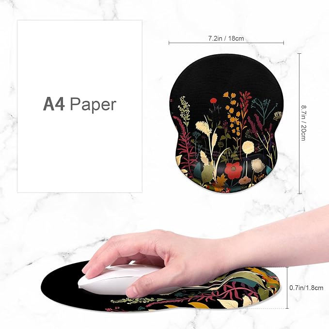 ITNRSIIET Ergonomic Mouse Pad with Gel Wrist Support Small Wrist Rest Smooth Surface Non-Slip PU Base Comfortable Office Supplies Pain Relief, 8.7 x 7.2 inches, Pretty Flowers Plants
