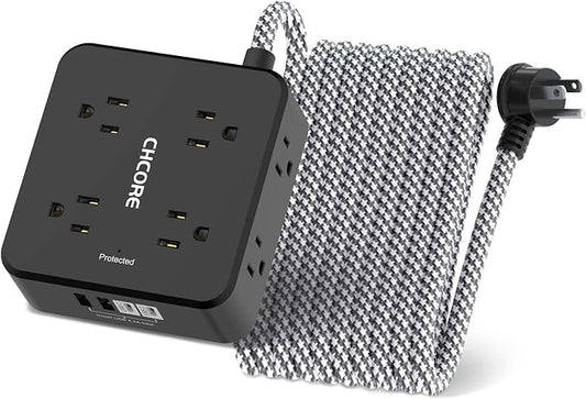 Surge Protector Power Strip - CHCORE 20Ft Braided Extension Cord with 8 Outlets with 4 USB (2 USB C) Charging Ports, Flat Plug Multi Plug Outlet Extender Charging Station for Home Office, ETL, Black