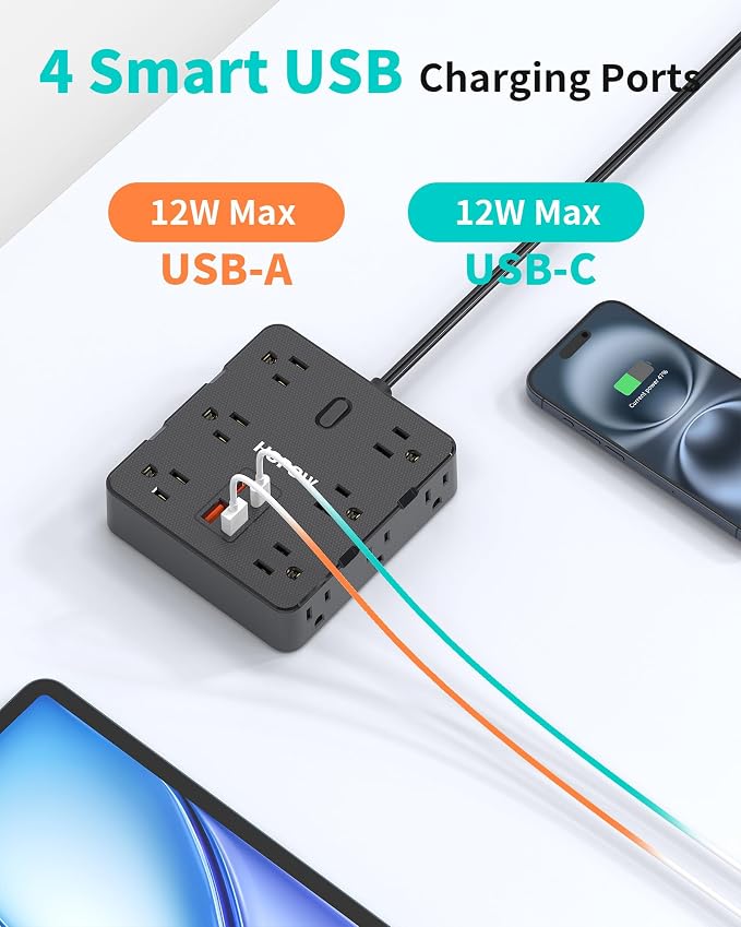 HOPOW 2 Prong Power Strip, 2 Prong to 3 Prong Outlet Adapter with 12 AC & 4 USB(2 USB-C), 1700J Two Prong Surge Protector, 6FT Extension Cord, Wall Mountable, Ideal for Old House Non-Grounded Outlets
