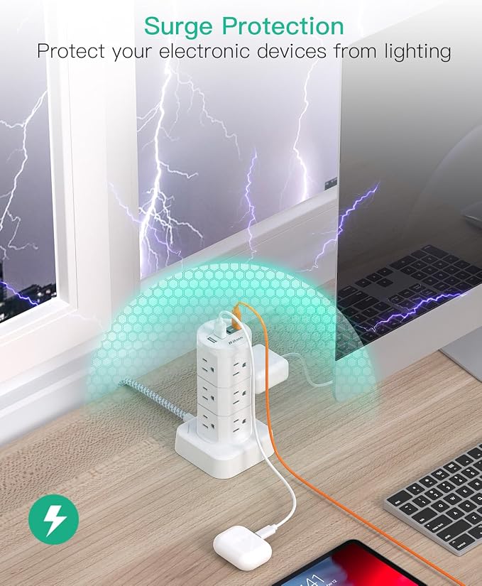 Surge Protector Power Strip Tower, 10FT Extension Cord with Multiple Outlets(12 AC Outlets), Slim Flat Plug, 1875W/15A Overload Protection, Office Desk Supplies, Dorm Room Essentials