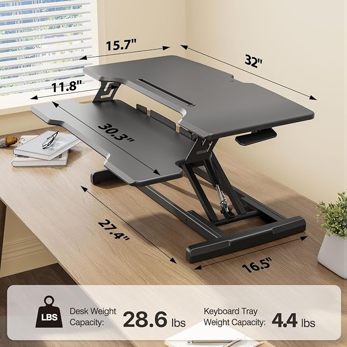 Standing Desk Converter 32 inch, Height Adjustable Sit Stand Desk Riser, Quick Sit to Stand Tabletop Dual Monitor Riser Workstation for Home Office with Keyboard Tray, Black