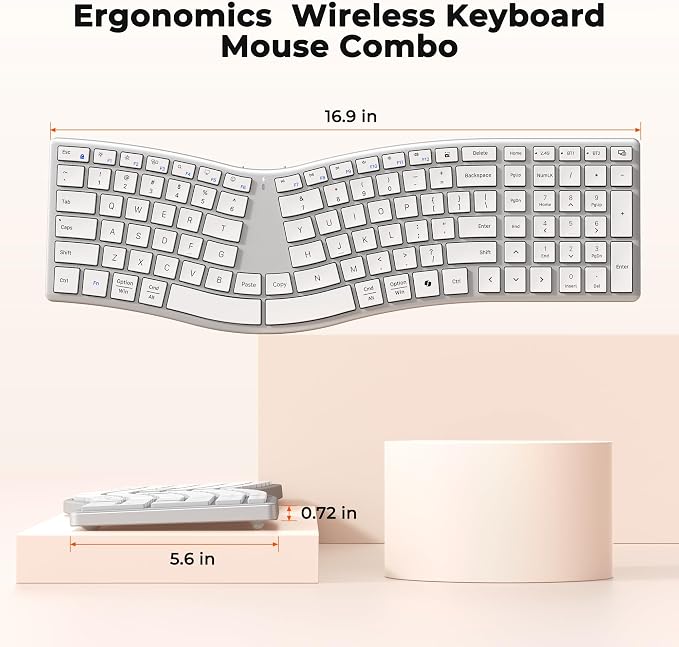 MEETION Wireless Ergonomic Keyboard, S-Curve Design Split Keyboard, 2.4G USB-A & Dual Bluetooth Keyboards, Slim Low-Profile Keys, Type-C Rechargeable, Full-Size Layout for Windows/Mac/PC/Laptop, White