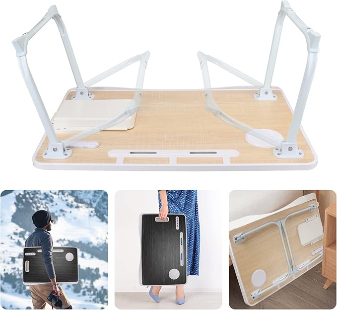 Laptop Bed Table, Laptop Desk for Bed, Foldable Laptop Bed Desk with USB Charge Port, Handle, Desktop Card Slot, Cup Slot, Side Drawer, Portable Laptop Table for Bed Eating Reading Working
