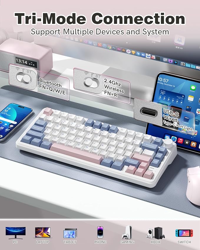 L75 75% Mechanical Keyboard, Wireless Gaming Keyboard with Multifunction Knob, Creamy Gasket Structure, Hot Swap, RGB Backlight, PBT Keycap, Custom Driver, Compact Layout for Win/Mac/PC
