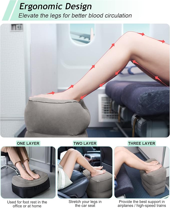 Inflatable Travel Foot Rest Pillow,Kids Airplane Bed,Adjustable Height Flight Pillow,Travel Essentials for Airplane,Office,Home,Trains,Cars