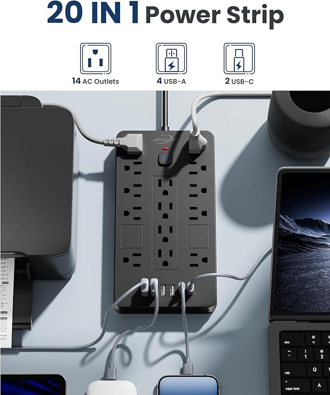 JouleLoom 2 Pack Surge Protector Power Strip-14 Outlets and 6 USB Ports, 6 Feet Flat Plug Extension Cord, 1850 Joules, Black, ETL Listed for Home, Office, Dorm Room