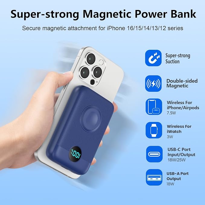 Magnetic Portable Charger for iPhone,10800mAh 4-in-1 Power Bank with iWatch Charger,25W PD Fast Charging Battery Pack for Magsafe,iPhone 17/16/15/14/13/12 Series,Apple Watch,Travel Essential,Blue