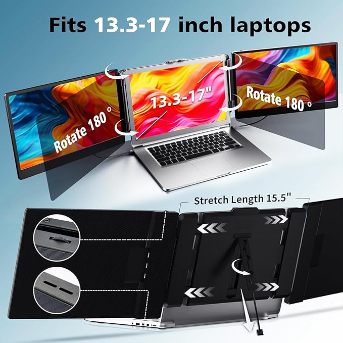 ROYY Laptop Screen Extender Double Monitor - 14" 1080P Portable Monitor FHD Attachment Extra Screen Compatible with Windows Mac Dex Chrome Travel Work Fits 13-17" Laptops