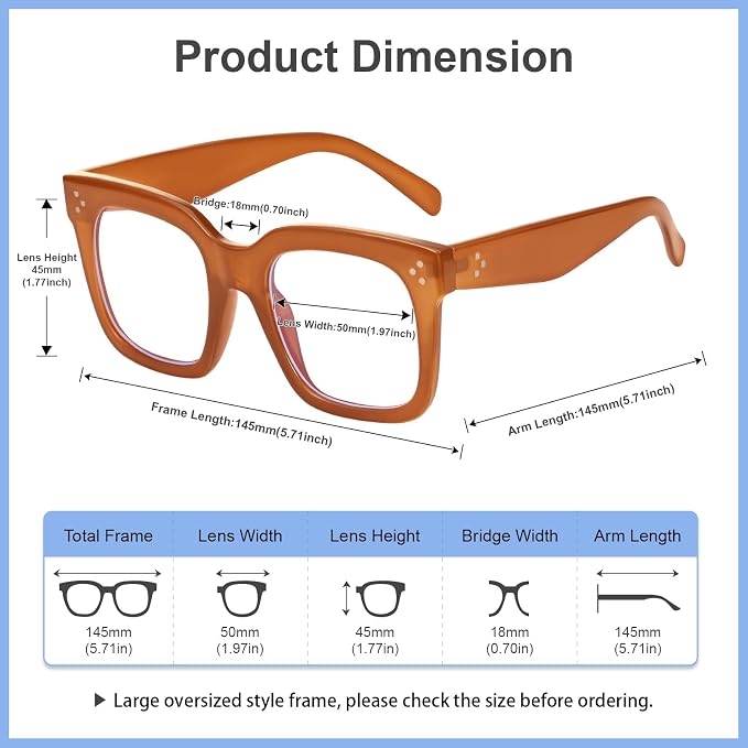 Ovresized Blue Light Blocking Glasses for Women Men Square Computer TV Eyeglasses