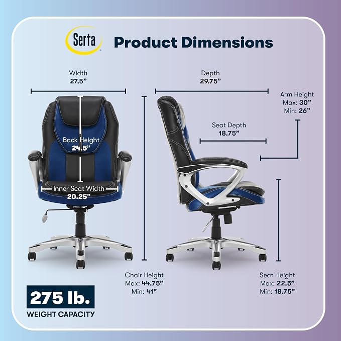 Serta Amplify Executive Office Chair with Faux Leather and Mesh, Adjustable Ergonomic Comfy Seat with Lumbar Support, Modern Computer DeskChairs, Swivel Rolling Wheels, Blue
