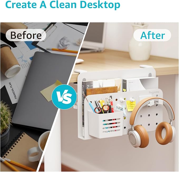 PEGZONE Desk Side Storage Organizer, No Drill Under Desk Laptop Holder, Clamp on Desks Shelf with Pegboard Accessories, Hanging Laptop Mount, Fits Flat Edge 0.4" to 2.2", White