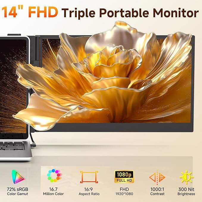 14" Laptop Screen Extender, 0.18" Ultra-Thin Laptop Monitor, Stable Damping Stand with 90° Rotation, 180° Rotation Dual Screen, Extra Compatible with Windows/Mac/Android/Switch/PS Fits 13"-17" Laptops