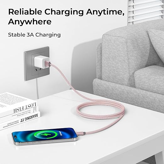 Basesailor for iPhone 17 16 Pro Max Charger Cord,USB to USB C Cable,Type C Charging Power Cord for Apple 17e 15 iPad 10 Air 4 5,Samsung Galaxy S26 S25 S24 S23,Pink,3Pack 1.5/3.3/6.6FT(0.5/1/2M)