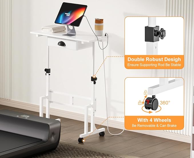 Cidaziya Small Adjustable Height Standing Desk with Storage Drawers, Rolling Sit Stand Up Desk with Wheels Charging Station, Adjustable Mobile Portable Table for Walking Pad Laptop Treadmill Computer