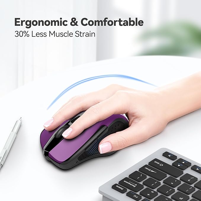 TECKNET Wireless Mouse Rechargeable, 2.4G USB-A Silent Mouse, Quiet Click, 6 Adjustable 4800 DPI, Cordless Computer Mice, Ergonomic Mice for Laptop, 6 Buttons for Chromebook, Ergo Grip - Purple