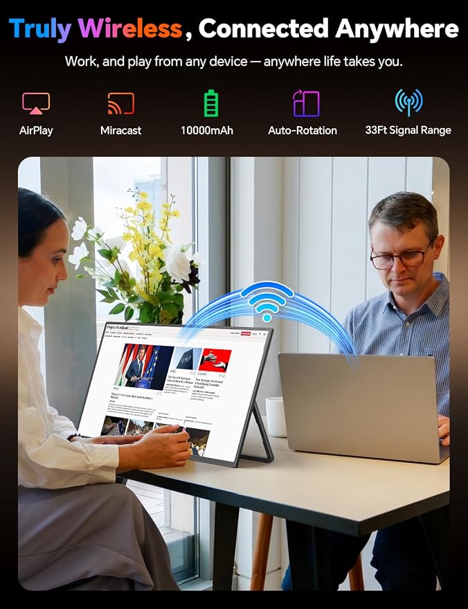 HotYeah 18.5" 100Hz Wireless Portable Monitor w/Rechargeable 10000 mAh Battery, Support AirPlay Miracast, 1080P IPS Monitor USB-C HDMI External Display, 2nd Screen for Laptop MacBook PC Phone Tablet