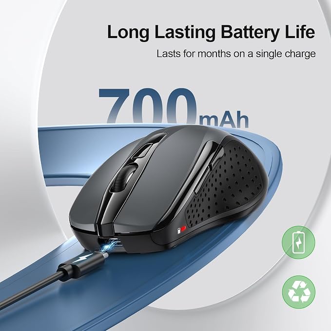 TECKNET Wireless Mouse Rechargeable, 2.4G USB-A Silent Mouse, Quiet Click, 6 Adjustable 4800 DPI, Cordless Computer Mice, Ergonomic Mice for Laptop, 6 Buttons for Chromebook, Ergo Grip - Grey