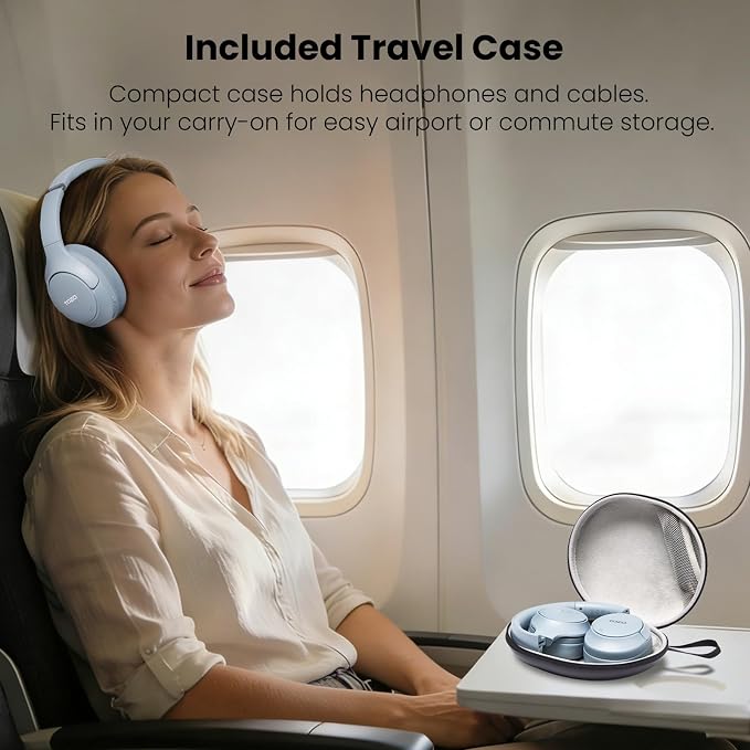 TOZO HT3 Hybrid Noise Cancelling Headphones, 90H Battery Life Wireless Over Ear Bluetooth 6.0 Foldable Headset, AI Voice Assistant with 5 Mics, Connect 2 Devices & Hi-Res Sound, 32 Audio EQ, with Case