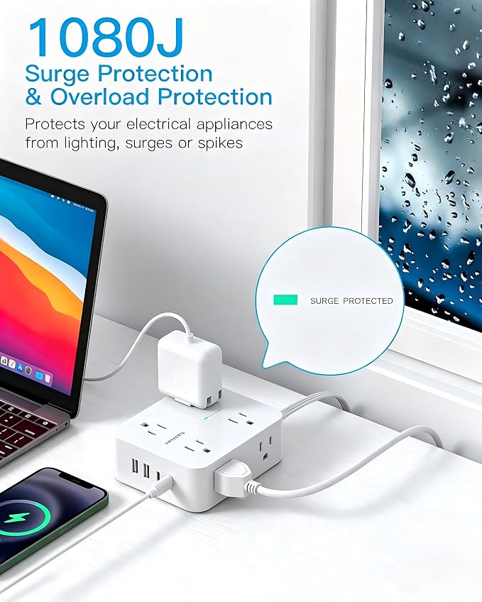 HANYCONY 25 Ft Extra Long Extension Cord with Ultra-Thin Flat Plug, 8 Widely Spaced Outlets & 4 USB Ports (2 USB C), 1080J Surge Protector Power Strip for Home, Office, Workshop, Wall Mount Design